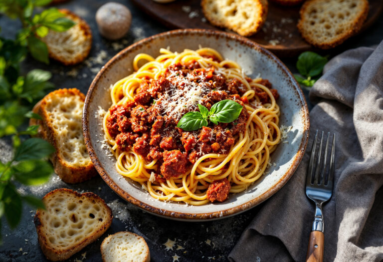 Macarrão à Bolonhesa com Carne Moída e Molho Caseiro